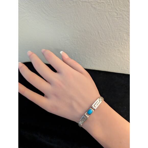 925 Sterling Silver Turquoise Graduated Greek Key Bracelet - Picture 10 of 10